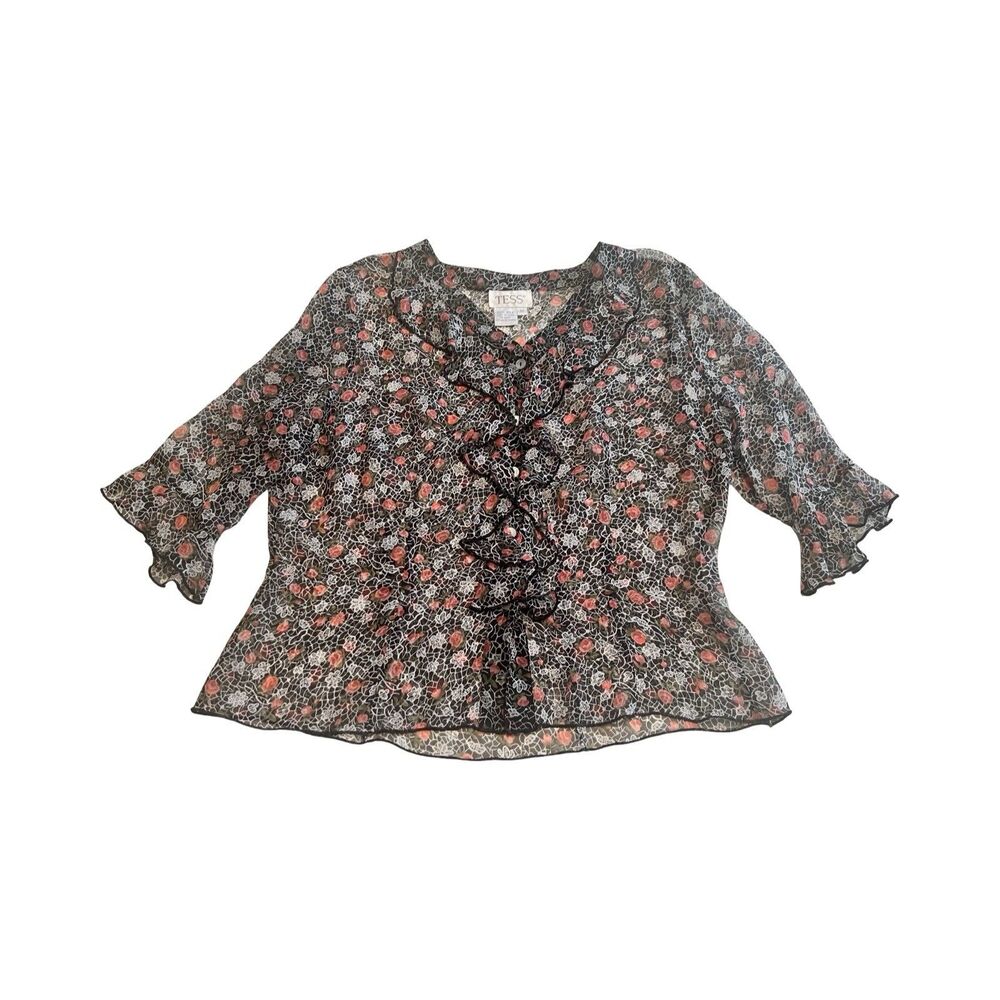 Vintage Tess Women’s‎ 100% Silk Floral Black Red Sz 12 Ruffle Sheer Button Up